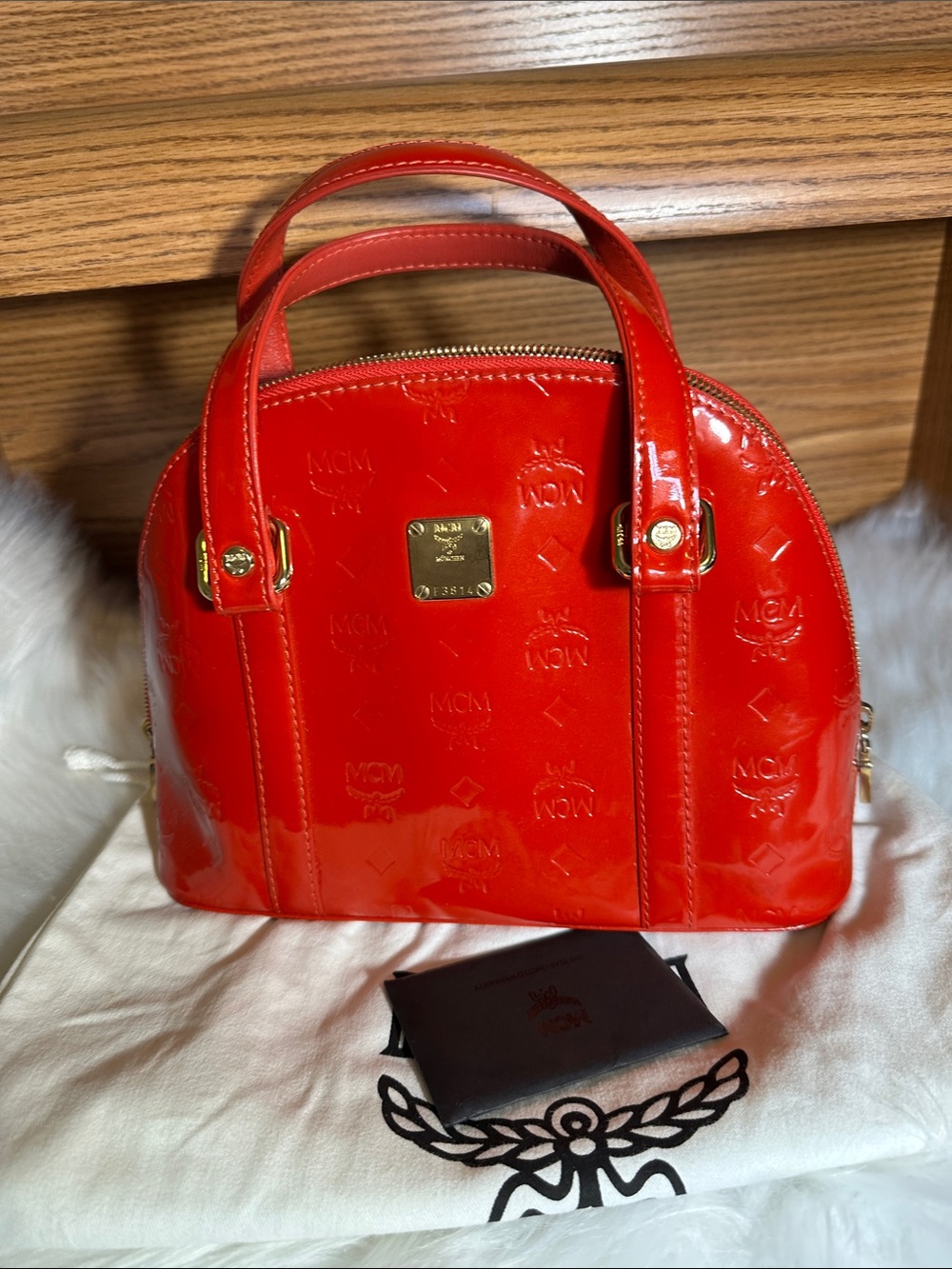 MCM Red Patent Leather Dome Satchel with Gold Hardware